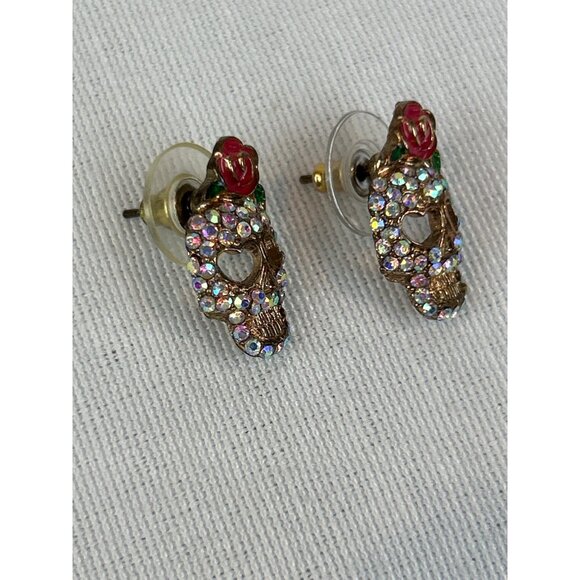 Sugar Skull Rhinestone Stud Earrings Red Rose Gold Tone Skeleton Design - Picture 6 of 7